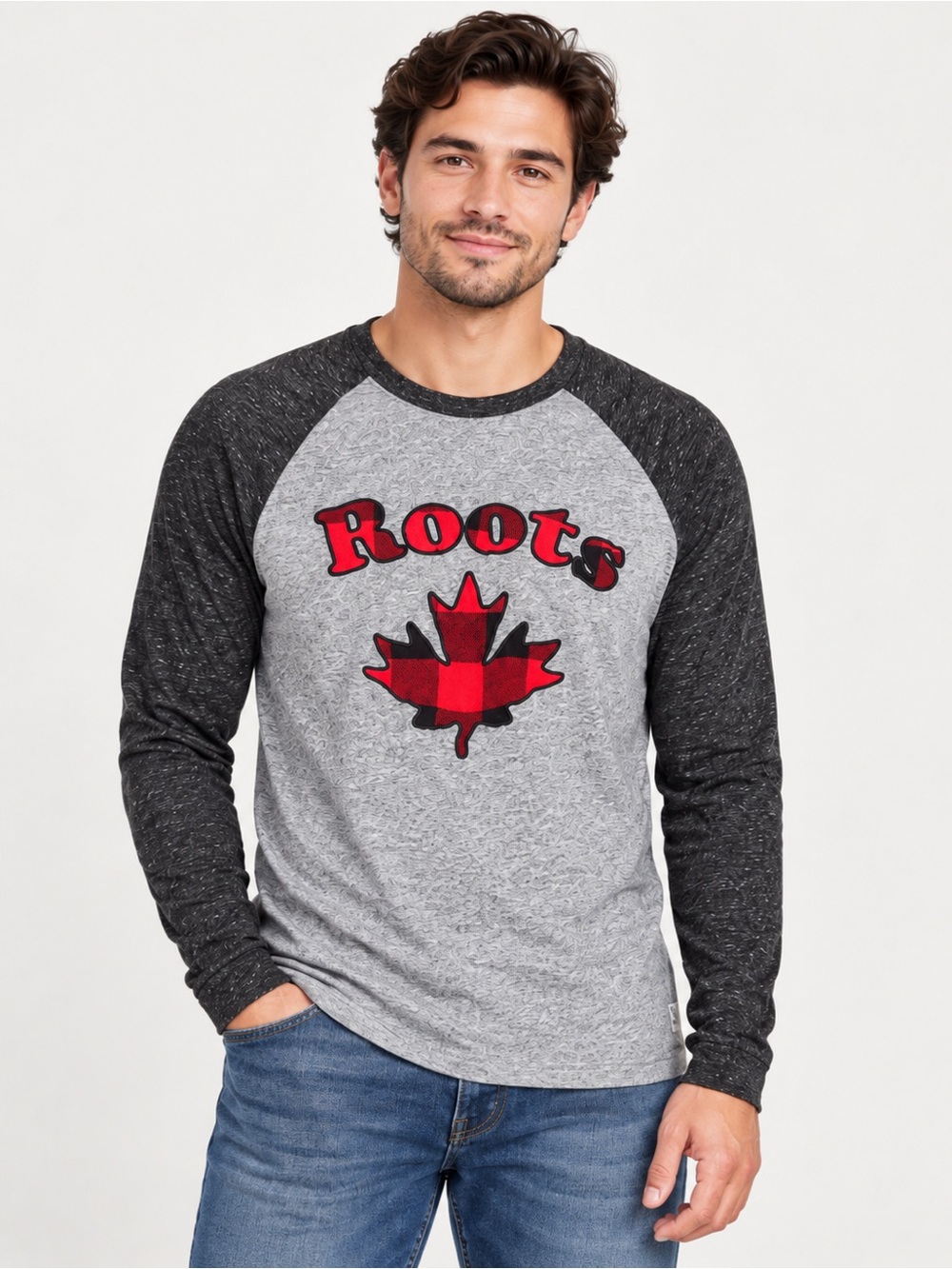 Roots Canada Men’s L Grey Buffalo Plaid Maple Leaf Raglan Long Sleeve Shirt